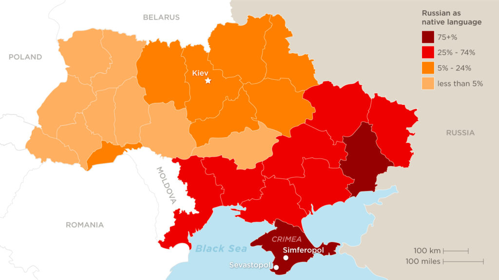 Map of Ukraine depicting the distribution of Russian and Ukrainian speakers